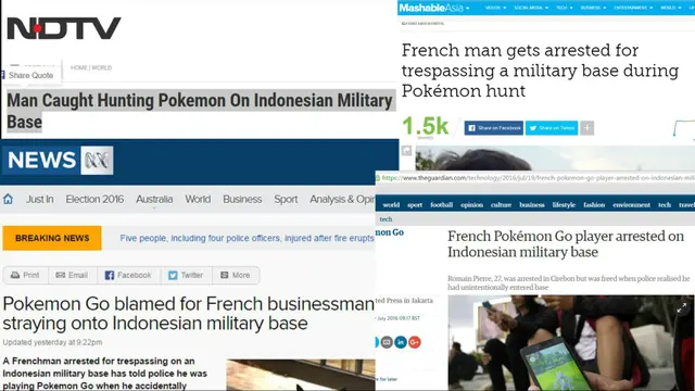 Media asing yang menyoroti ulah WNA Prancis bermain pokemon di Kodim Cirebon. (Berbagai Sumber)