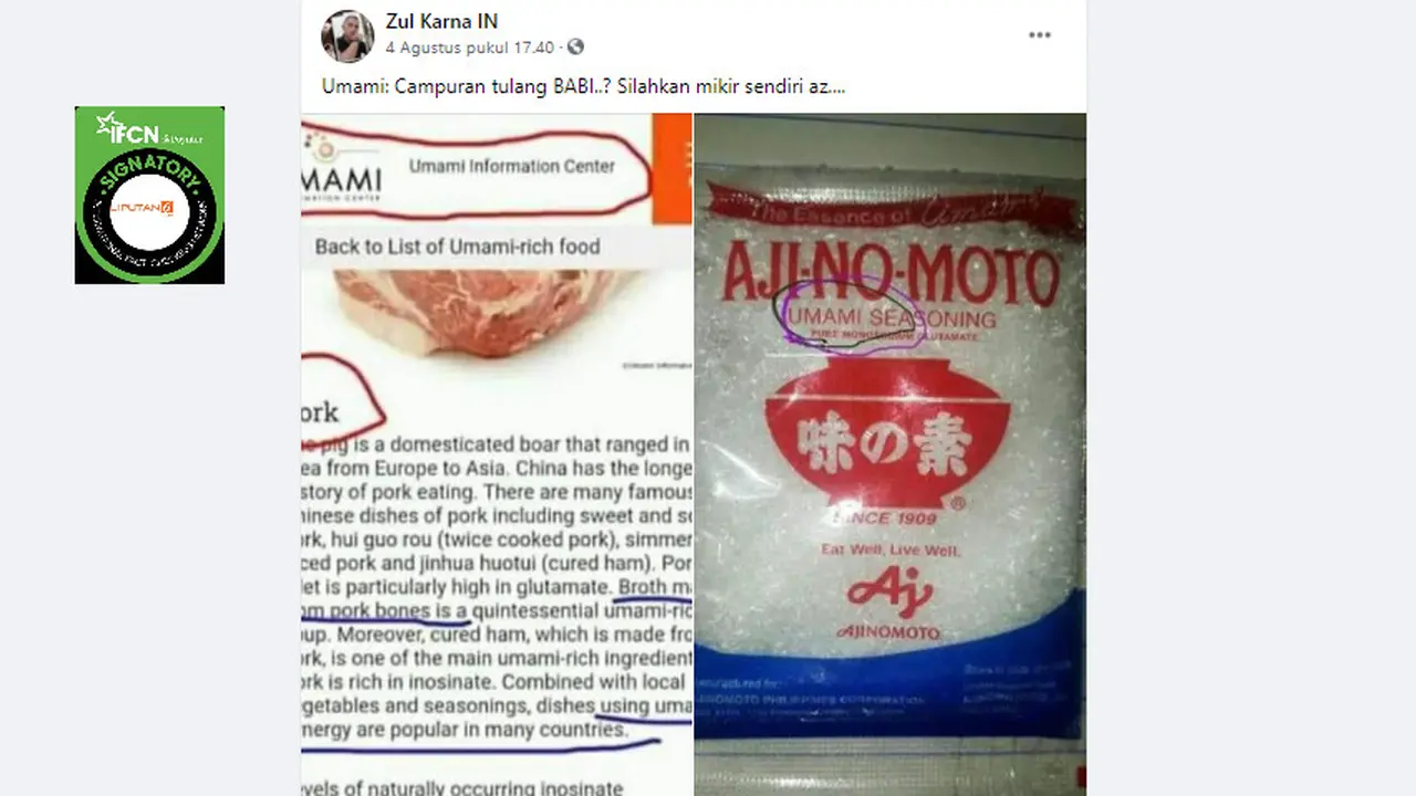 Cek Fakta Liputan6.com mendapati informasi penyedap rasa Ajinomoto mengandung tulang babi