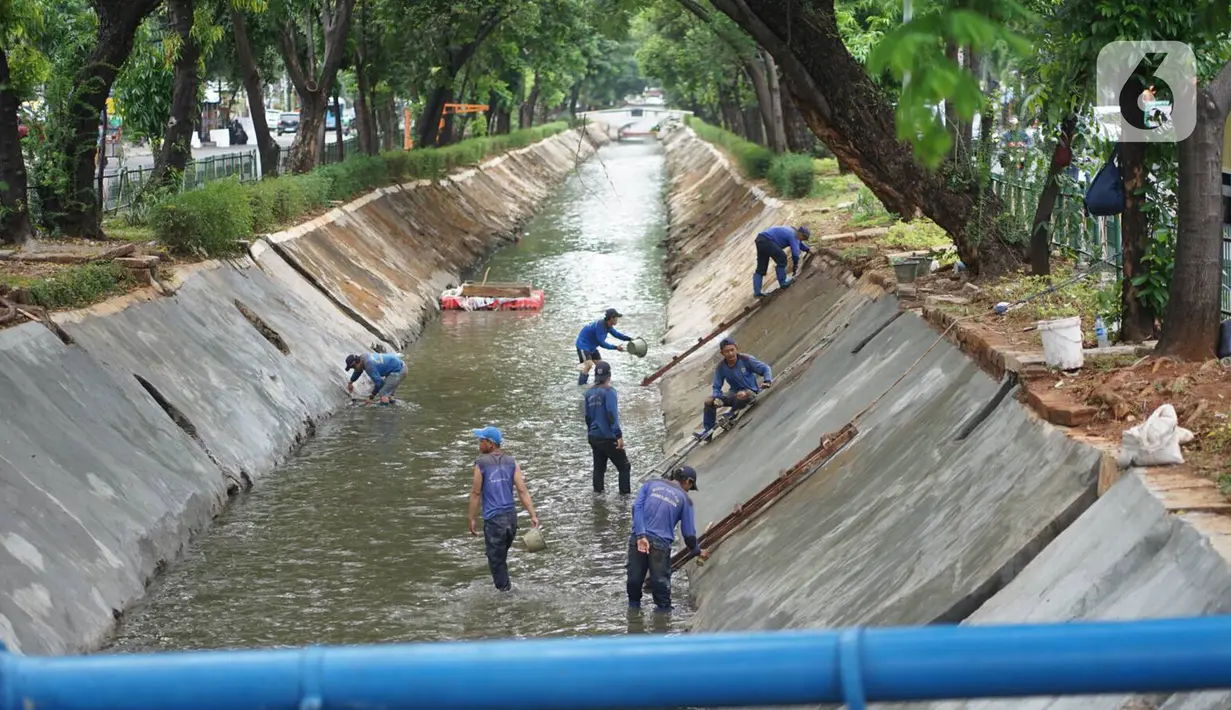 Petugas menyemen dinding turap Kali Baru Barat di kawasan Manggarai, Jakarta, Kamis (14/11/2019). Hal tersebut dilakukan sebagai bentuk perawatan rutin untuk mencegah kelongsoran turap menjelang musim hujan. (Liputan6.com/Immanuel Antonius)