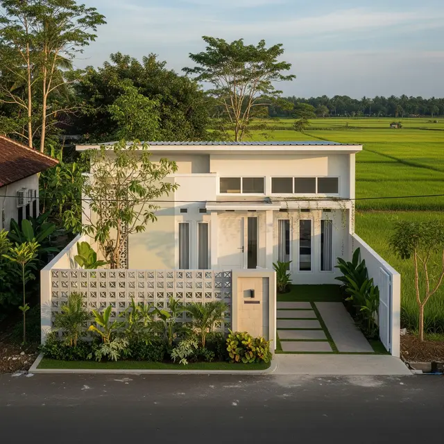 Model Rumah Sederhana Tapi Mewah dengan Atap Datar dan Pagar 2025 yang Cocok untuk Tinggal di Desa (Image by Gemini AI)