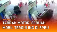 Kejadian tidak terduga dialami oleh sebuah mobil yang menabrak motor dan terguling di SPBU.