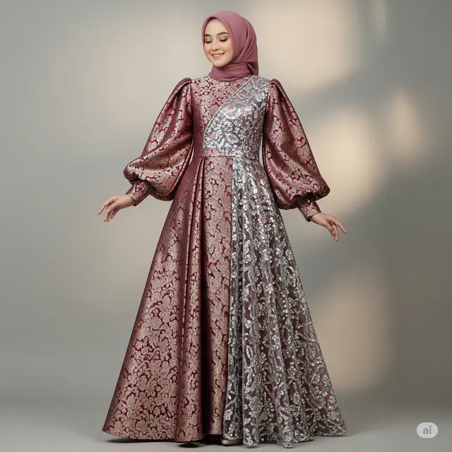 Gamis Brokat Kombinasi Satin dengan Berbagai Variasi