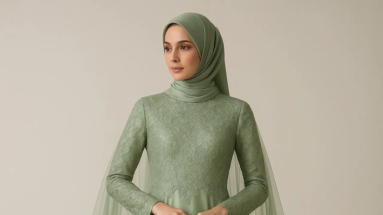 Gamis Brokat Kombinasi Satin dengan Cape Tulle