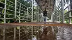 Pejalan kaki menyebrang di JPO Medan Merdeka Barat yang atapnya rusak di Jakarta, Jumat (19/1). Kondisi JPO yang penuh dengan genangan air dan atap yang rusak mengurangi kenyamanan bagi para pejalan kaki yang menggunakannya. (Liputan6.com/Johan Tallo)