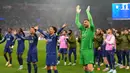 Paris Saint-Germain (PSG) meraih tiket ke semifinal Liga Champions usai menang agregat 5-4 (3-1 dan 2-3) atas Aston Villa di perempat final. (AP Photo/Frank Augstein)