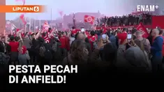 Liverpool memastikan gelar Liga Inggris ke-20 usai menghajar Tottenham 5-1. Fans memenuhi stadion, membakar suar merah, dan menyanyikan “You'll Never Walk Alone” penuh emosi.