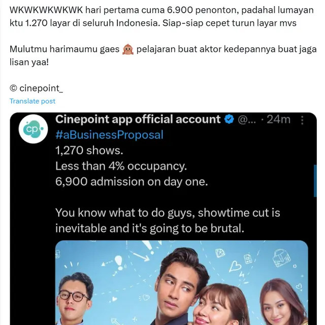 6 Potret Efek Boikot Film A Business Proposal, Hari Pertama Tayang Sepi Penonton