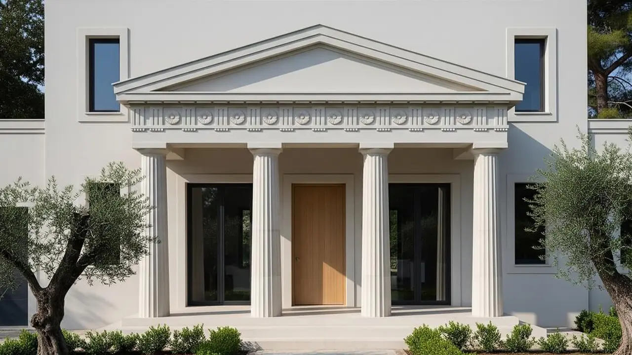 Tampak Depan Rumah Klasik Modern dengan Pilar Sederhana