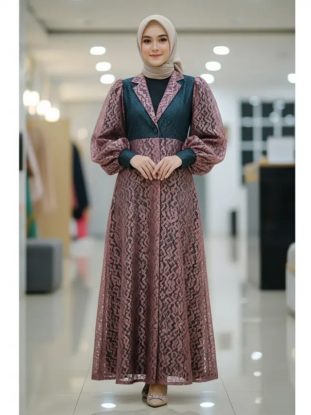 Model Gamis Blazer Brokat Lengan Balon