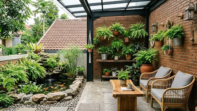 Teras Rumah dengan Tanaman Suplir dan Kolam Mini/AI Generated