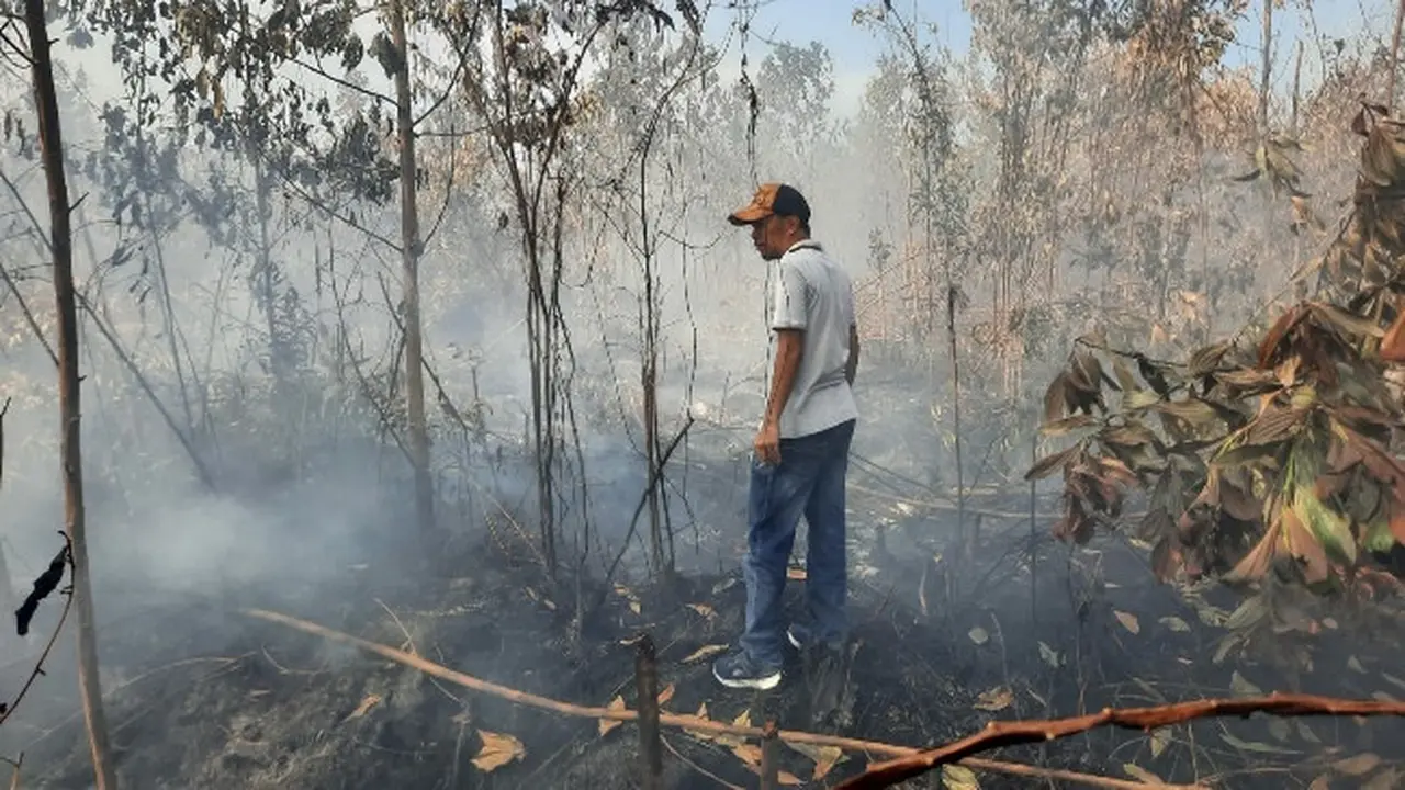 Seorang warga melihat kebakaran lahan yang dekat dengan SMP 8 Tambang, Kabupaten Kampar.