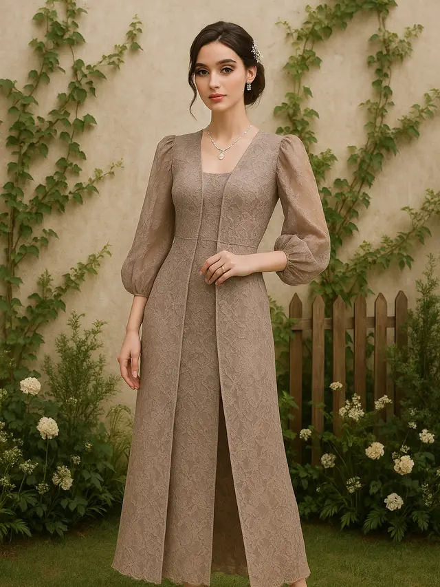 Model Long Dress Brokat Slim Fit dengan Outer Belah Tengah