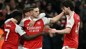 Arsenal berhasil meraih kemenangan 2-0 atas Everton pada laga pekan ke-30 Premier League di Stadion Emirates, Minggu (15/03/2026) dini hari WIB. Satu dari dua gol The Gunners dicetak Viktor Gyokeres pada menit ke-89. (AFP/Ben STANSALL)