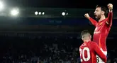Bruno Fernandes tampil gemilang saat Manchester United pesta gol di markas Leicester City pada lanjutan Liga Inggris di King Power Stadium, Senin (17/3/2025). Pemain asal Portugal itu jadi otak serangan MU dalam mengacak-acak pertahanan The Foxes. (Martin Rickett/PA via AP)