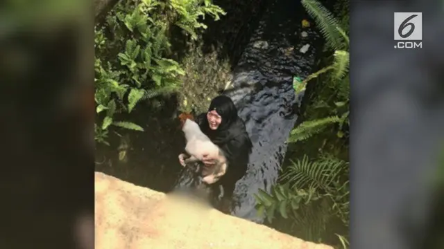 Meski mengenakan hijab, perempuan ini tak ragu menyelamatkan anjing di dalam selokan.