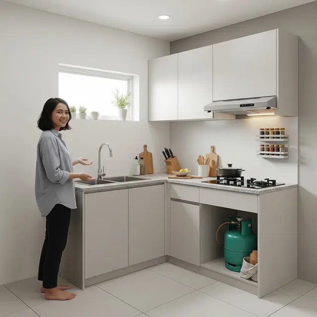 Dapur Model Kabinet L-Shape Minimalis (Gemini AI)