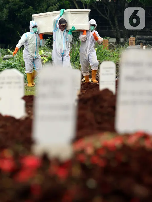 Petugas membawa peti berisi jenazah yang akan dimakamkan dengan protokol COVID-19 di TPU Bambu Apus, Jakarta, Jumat (22/1/2021). Sejak dibuka Kamis (21/1) kemarin hingga hari ini, tercatat sekitar 35 jenazah dimakamkan dengan protokol COVID-19 di TPU Bambu Apus. (Liputan6.com/Helmi Fithriansyah)