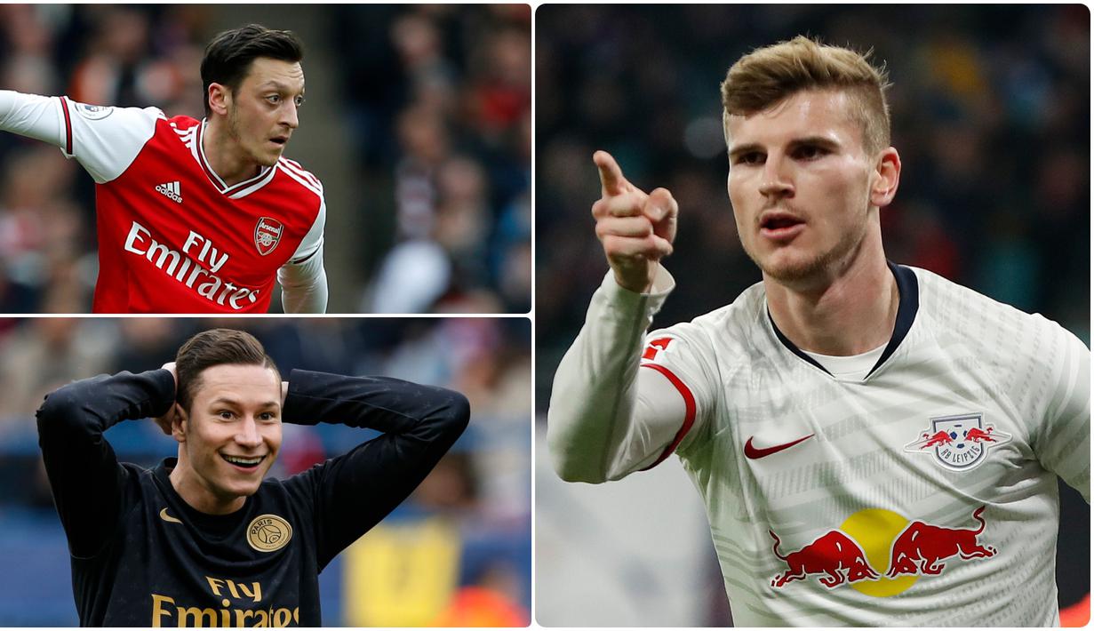 Timo Werner menjadi pemain Jerman dengan transfer termahal saat ini usai dibeli Chelsea seharga 53 juta euro dari RB Leipzig. Berikut Timo Werner dan 5 transfer pemain Jerman termahal sepanjang sejarah. (kolase foto AFP)