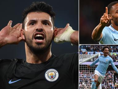 Keberhasilan Manchester City bersinar pada musim 2017/2018 tidak lepas dari produktivitas dalam mencetak gol. Berikut lima mesin gol The Citizens yang hingga Senin (29/1/2017), masing-masing sudah mencetak minimal 10 gol. (Kolase foto-foto dari AFP)