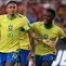 Pemain depan Brasil #10, Raphinha, merayakan gol bersama rekan setimnya #07, Vinicius Jr (kanan), dan pemain bertahan #14, Gabriel Magalhaes (belakang), selama pertandingan kualifikasi Piala Dunia FIFA 2026 di Amerika Selatan antara Venezuela dan Brasil di Stadion Monumental di Maturin, Negara Bagian Monagas, Venezuela, pada tanggal 14 November 2024. (Federico Parra/AFP)