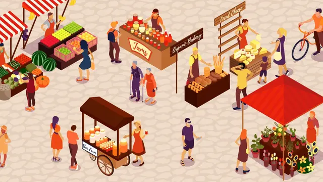 Ilustrasi pasar tradisional, jual beli, transaksi ekonomi