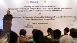 Menteri PPN/Bappenas Bambang Brodjonegoro memberikan sambutan saat menghadiri penandatanganan Nota Kesepahaman dengan berbagai mitra strategis di Jakarta, Kamis (27/4). (Liputan6.com/Johan Tallo)