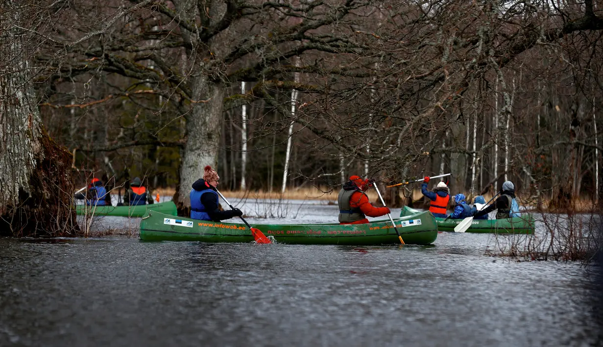 Pengunjung mendayung kayak di tengah banjir yang merendam padang rumput Taman Nasional Soomaa, Estonia, Minggu (17/3). Wisata banjir ini, menjadi daya tarik tersendiri bagi pengunjung. (Reuters/Ints Kalnins)