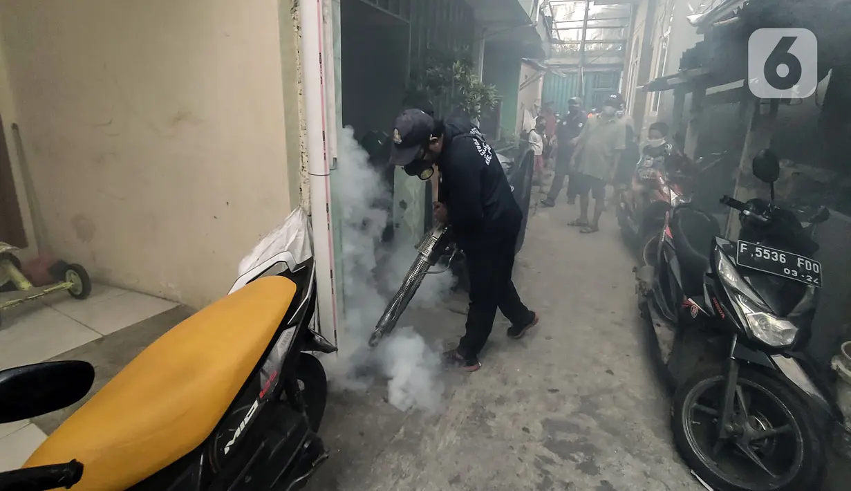 Petugas melakukan pengasapan (fogging) untuk memberantas perkembangbiakkan nyamuk Demam Berdarah Dengue (DBD) di pemukiman padat penduduk, Jakarta, Rabu (18/5/2022). Menghadapi musim pancaroba yang menjadi perkembangbiakkan nyamuk Aedes Agypty penyebab penyakit DBD, warga melakukan fogging di wilayah padat penduduk. (Liputan6.com/JohanTallo)