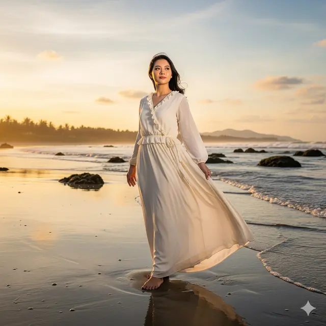 Model Long Dress Bahan Sifon Dengan Potongan Ruffle Feminin