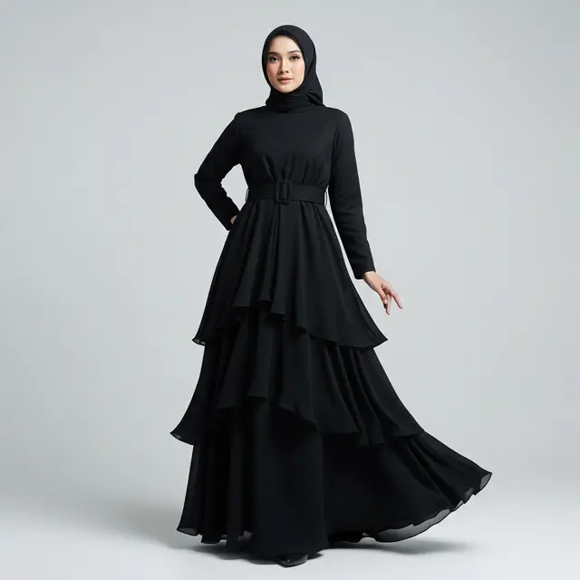 Model Gamis Terbaru Hitam Kombinasi Belt