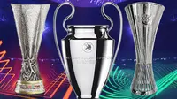 Ilustrasi - Trofi Liga Champions, Trofi Liga Europa dan UEFA Conference League (Bola.com/Erisa Febri)