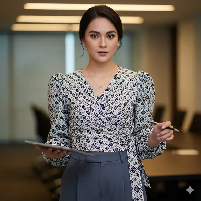 Batik Wrap Top Lengan Puff