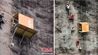 (Credits: Chinanews) Para wisatawan tengah memanjat tebing sambil membeli minuman di warung