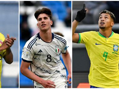 Foto kolase dari pemain Timnas Kolumbia U-20, Cesare Cortes (kiri), pemain Timnas Italia U-20, Cesare Casedei (tengah), dan pemain Timnas Brasil U-20, Marcos Leonardo (kanan) saat berlaga di Piala Dunia U-20 2023 yang berlangsung di Argentina. (AFP)