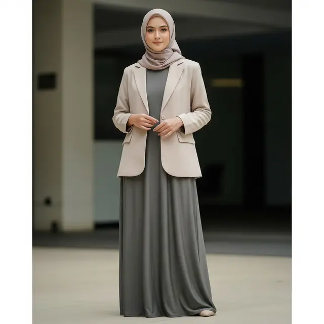 9 Model Gamis Jersey Sederhana dengan Outer Blazer, Inspirasi Gaya Modern