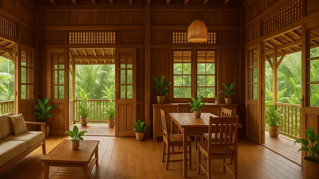 Model Rumah Kampung dengan Interior Kayu/Ilustrasi gambar oleh AI