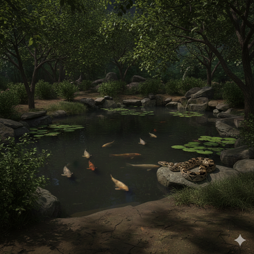 Desain Kolam Ikan yang Terlihat Aman Ini Justru Menarik Ular (Foto: Gemini AI)