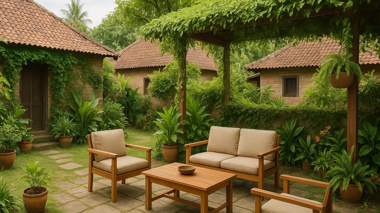 Gambar Desain Ruang Tamu Outdoor Sederhana di Kampung/via AI