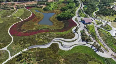 Foto dari udara menunjukkan pemandangan objek wisata di Donghu, Distrik Kaiping, Kota Tangshan, Provinsi Hebei, China, 17 September 2020. Tangshan membersihkan 72 perusahaan penyebab polusi dan 327 pekarangan yang terbengkalai tanpa pemilik di Donghu sejak 2018. (Xinhua/Yang Shiyao)