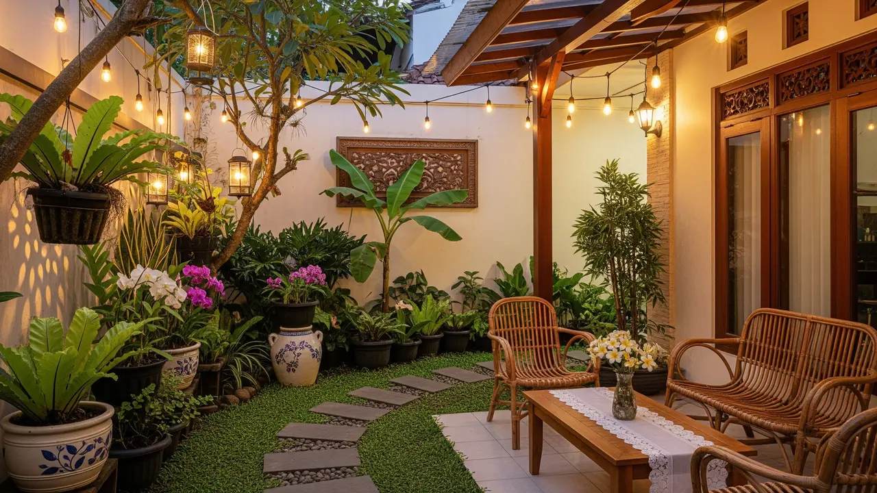 Desain Halaman Belakang Rumah Kecil dengan Lampu Taman Estetik untuk Suasana Romantis/Ilustrasi AI
