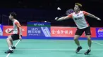 Ganda putra Indonesia, Marcus Gideon (kanan) dan Kevin Sanjaya mengembalikan kok ke arah pebulu tangkis Chinese Taipei, Lee Yang dan Wang Chi-Lin pada babak perempat final Piala Sudirman 2019 di Nanning, China, Jumat (24/5/2019). Kevin/Marcus menang dua gim langsung 21-17, 21-17. (WANG ZHAO/AFP)