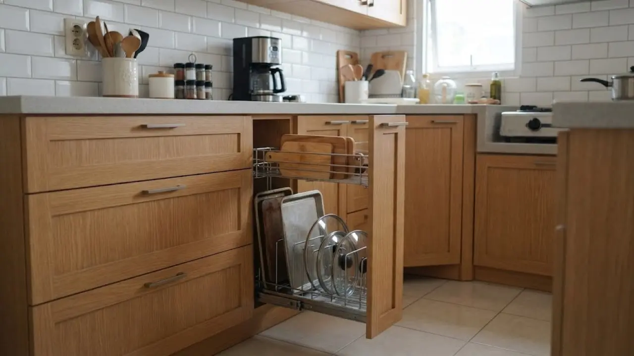 Desain Dapur Kecil dengan Kabinet Tarik di Celah Sempit