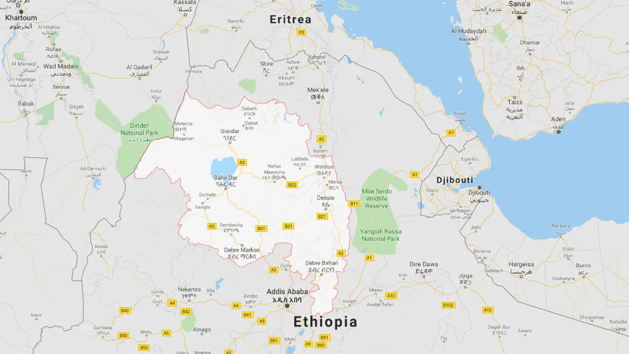 (Wilayah yang berwarna terang) Negara Bagian Amhara, Ethiopia (Google Maps)