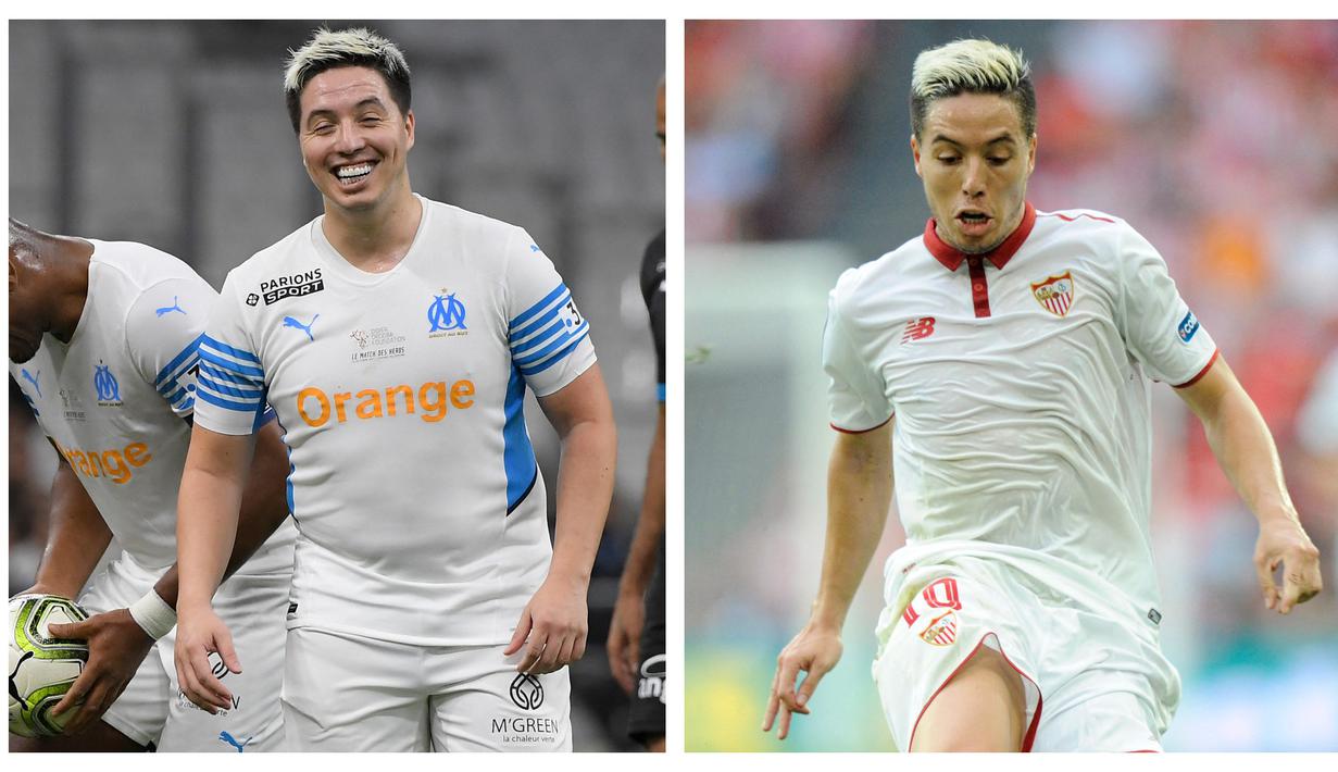 Foto kolase saat Samir Nasri dengan tubuh tambun saat bermain dalam pertandingan amal (kiri) dan Samir Nasri saat membela Sevilla sebelum ia pensiun (kanan). (AFP)