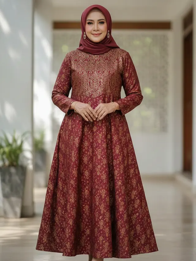 Gamis Batik Brokat Warna Maroon untuk Ibu 50 Tahun (Foto: Gemini AI)