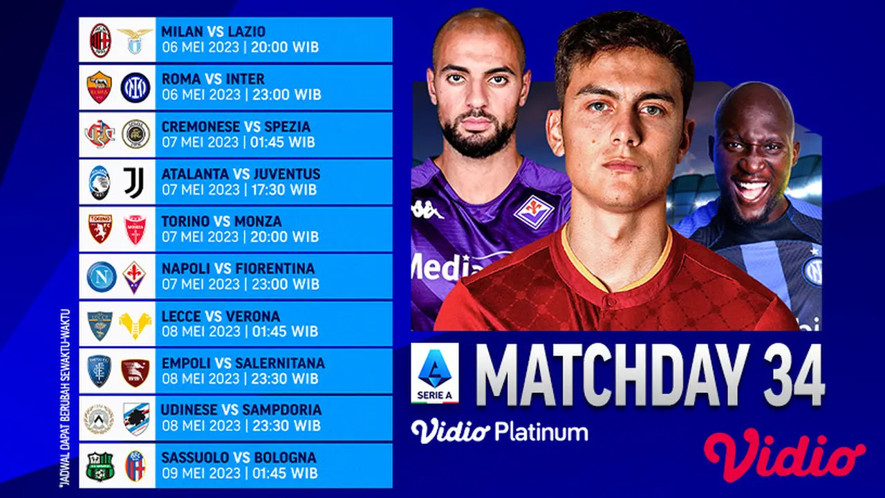 Jadwal Serie A Pekan ke-34 Live Vidio 6-9 Mei 2023 : AC Milan Vs Lazio, Napoli Vs Fiorentina