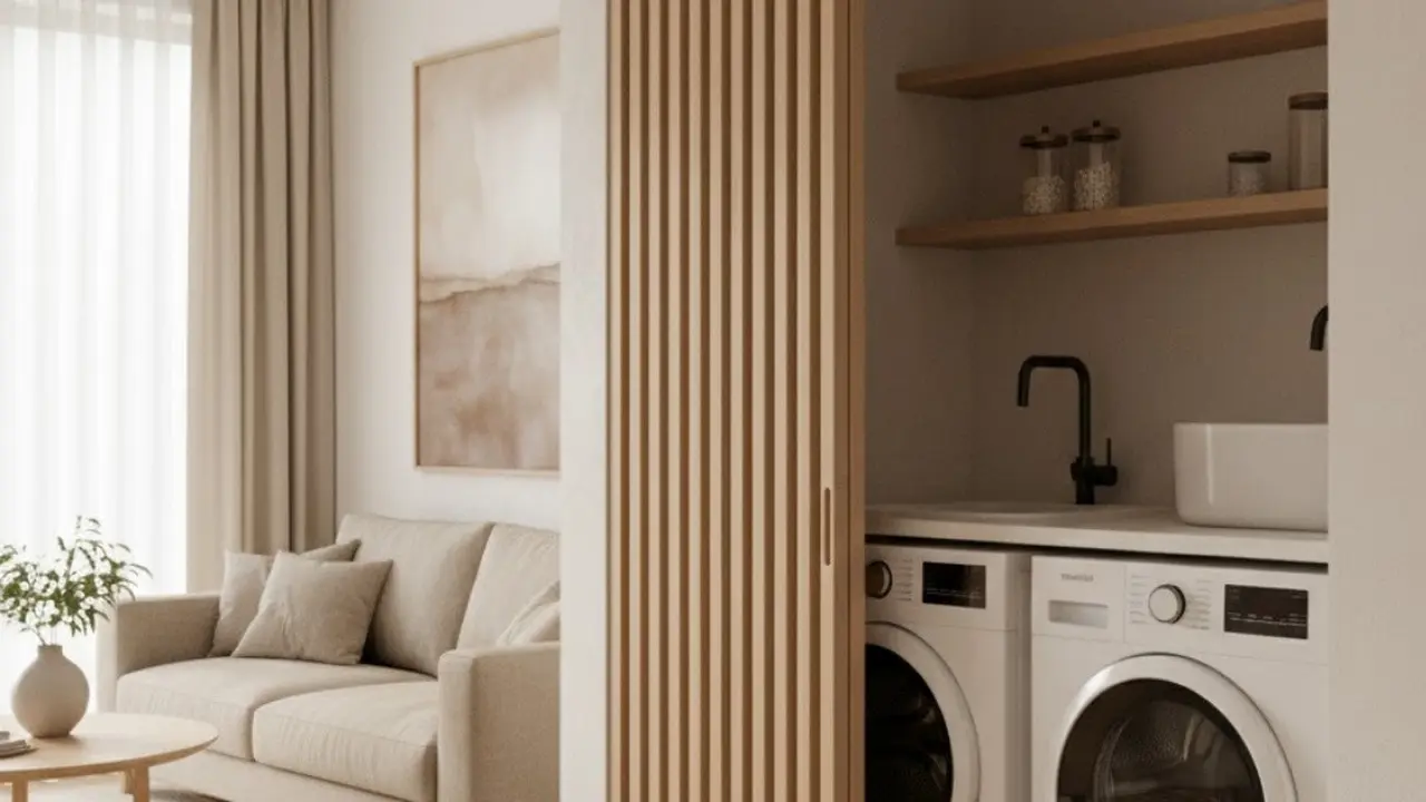 Desain rumah kecil ini memiliki area laundry outdoor yang tersembunyi (Sumber: Gemini AI)