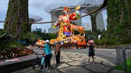 Seorang pengunjung (kanan) mengambil gambar patung lentera Dewa Keberuntungan untuk perayaan Tahun Baru Imlek mendatang di Gardens by the Bay Supertree Grove, Singapura, 18 Januari 2022. (Roslan RAHMAN/AFP)