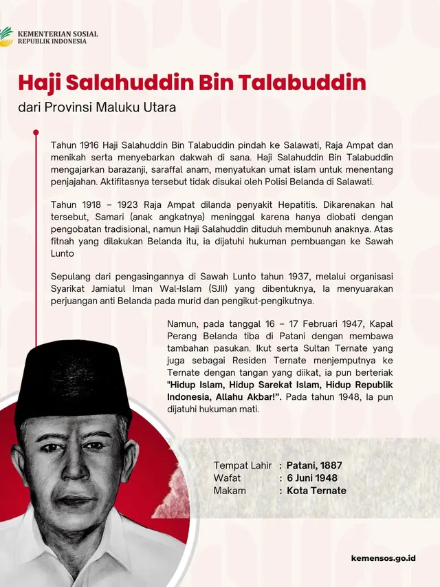 H Salahuddin bin Talabuddin, ulama pendakwah Halmahera Tengah dianugerahi gelar pahlawan nasional. (Foto: Kemensos)