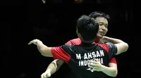 Reaksi Mohammad Ahsan/Hendra Setiawan setelah memenangi Kejuaraan Dunia Bulutangkis 2019 di Basel, Swiss, Minggu (25/8/2019). (PBSI)